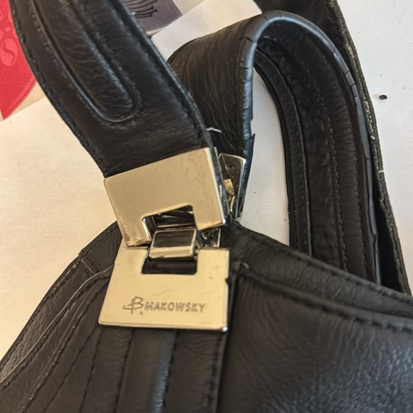 B Mackowsky Black Leather Tote/Shoulder Bag Silver Hardware Pockets Charm LN - Picture 5 of 12